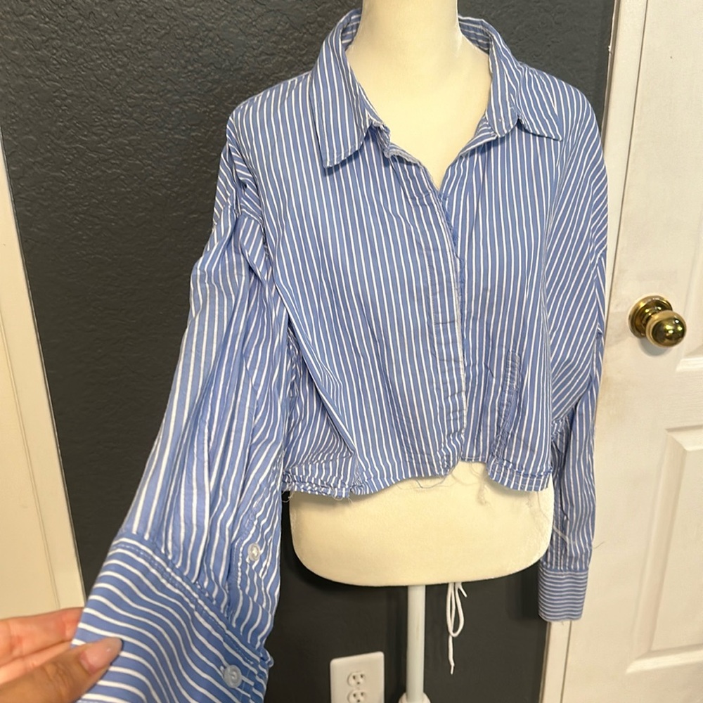 distress striped crop button up shirt